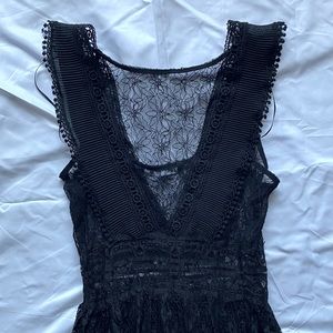 Zara Black Lace V-Neck Embroidered Lace Dress with Slit Opening